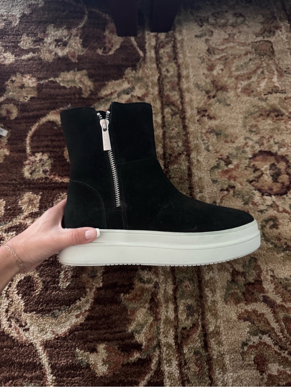 Women's Black Suede Platform Zip Ankle Bootie